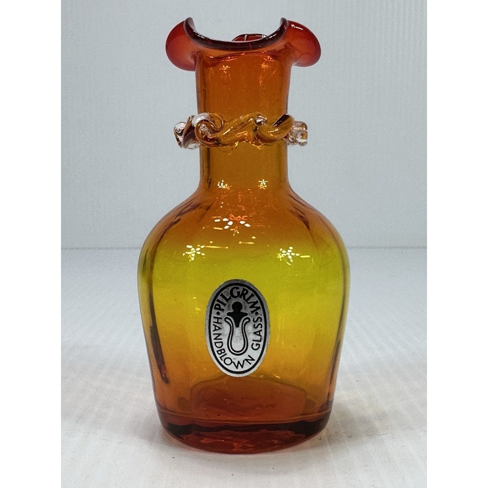 Vintage‎ Pilgrim Glass Handblown Bud Vase 5" Tall Orange Yellow Sticker Ruffle